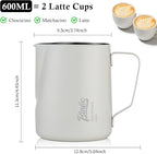 Milk Frothing Pitcher - 600ml/20oz Milk Frother Cup Espresso Steaming Pitcher for Barista, Bincoo SUS304 Stainless Steel Espresso Steaming Pitchers for Latte Art/Cappuccino/Coffee/Milk (White-600ml)