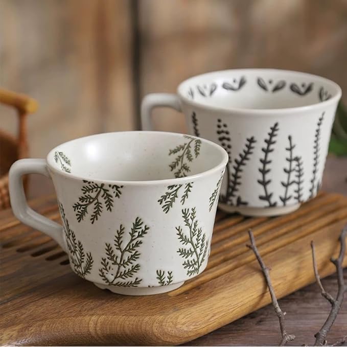 Ceramic Mug Set of 4 with Coffee Spoon, 11oz - Vintage Coffee Mug Cups for Coffee Milk Latte Cappuccino Tea, Porcelain Coffee Cups Dishwasher Microwave Freezer Safe Stoneware