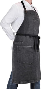 Cooking Apron with Pockets Mens Womens Professional Kitchen Bib Apron for Chef Grill BBQ (Black Denim -2)