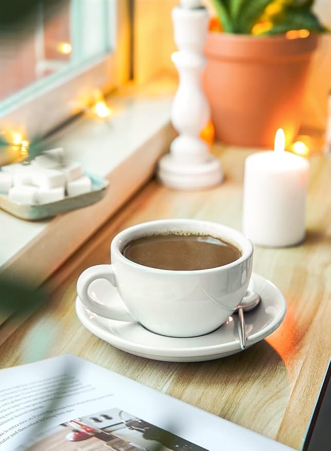 LE TAUCI 8 oz Cappuccino Cups with Saucers,Ceramic Large Coffee Cup for Au Lait, Double shot, Latte, Cafe Mocha, Tea - Set of 4, White