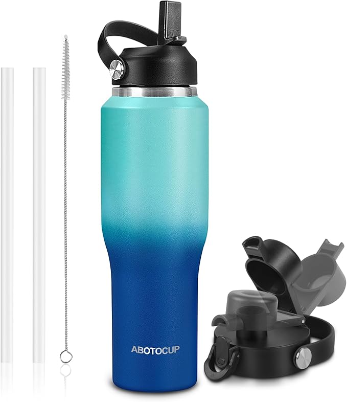 Insulated Water Bottle 32oz with Straw/Spout Lids, Stainless Steel Water Bottles Keep Cold 24h&Hot 12h, Metal Water Bottle with Straw that Fits in Cup Holder, Water Bottle Leak-proof,BPA Free