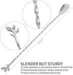 AnSaw Silver 12-Inch Stainless Steel Cocktail Spoon with Leaf Handle - Perfect for Mixing & Layering Drinks in Tall Cups, Bar & Shakers - Durable Long Handle Bar Stirrer,2-Pieces