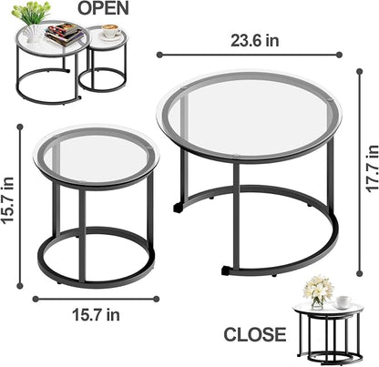 aboxoo Black Nesting Coffee Glass Table Set of 2, Metal Freme Side End Tables - Image 3