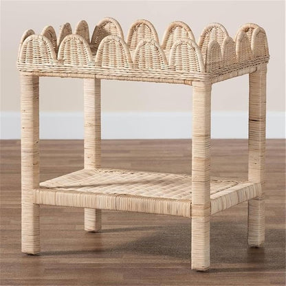 Pemberly Row Bohemian Scallop Side Table, Natural Rattan and Mahogany Wood - Image 9