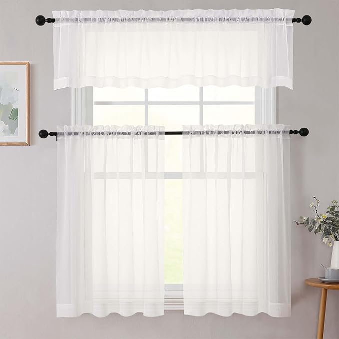 Kitchen Curtains 24 Inch Length Tier 2 Pieces, Ivory Sheer Curtain Solid Soft - Image 8