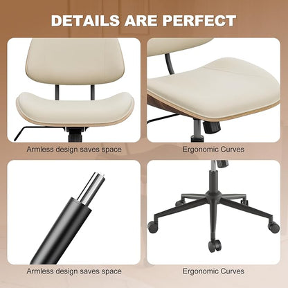 Armless Office Chair with Wheels, PU Leather Adjustable Height Desk Chair - Image 4