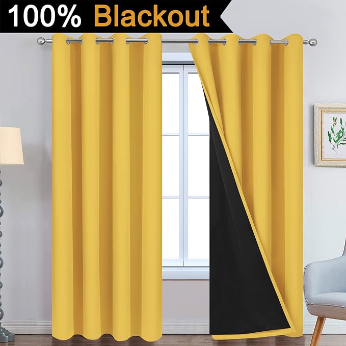 Yakamok Mustard Yellow Blackout Curtains Panels 84 Inches Long, 2 Thick Layers - Image 2