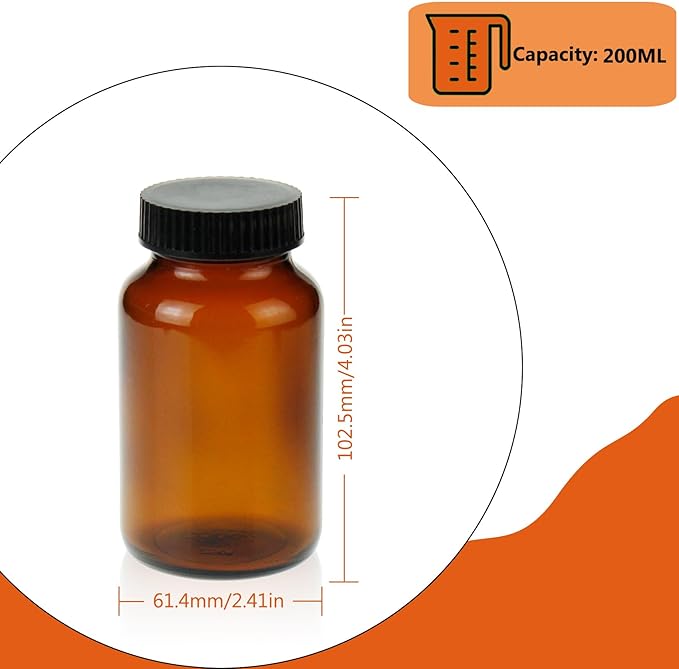 Wide Mouth Packer Bottle, Amber Glass, 200 ML (6.7 OZ) Capacity with 45-400 Black Polyethylene Screw Cap Lined PE Septa, Package of 24 Units