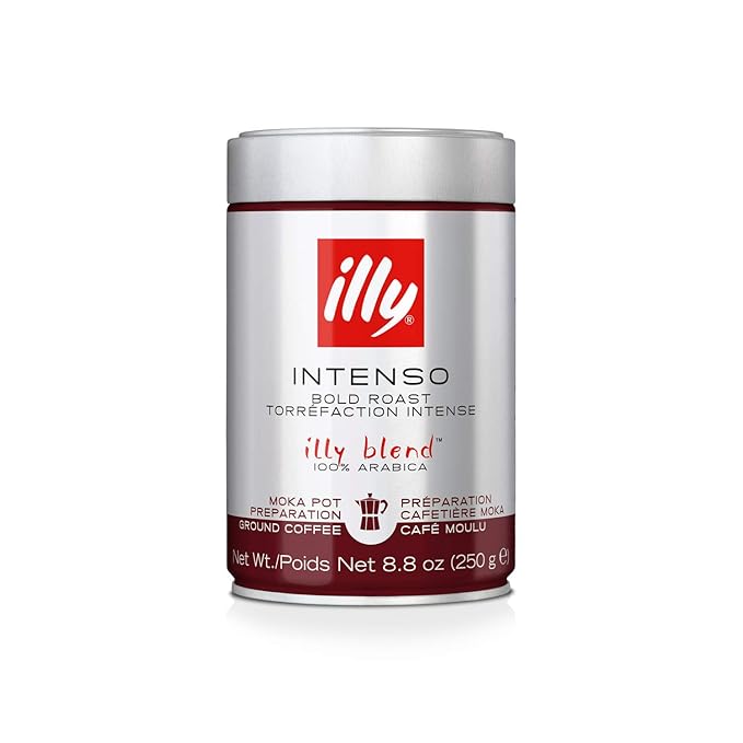 illy Ground Coffee Moka - 100% Arabica Flavored Coffee Ground - Rich Aromatic Coffee Grounds Profile – Intenso Dark Roast – Warm Notes of Cocoa & Dried Fruit - No Preservatives – 8.8 Ounce, 6 Pack