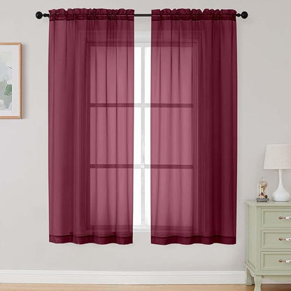 Burgundy Sheer Curtains 63 Inch Length 2 Panels Set by WelvetBLK