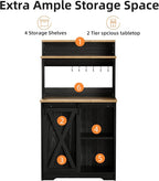 Farmhouse Coffee Bar with 3 Tier Storage Hutch, 56 Inch Small Bar Station with 6 Hooks, Corner Table with Adjustable Shelves for Living Dining Room (Black)
