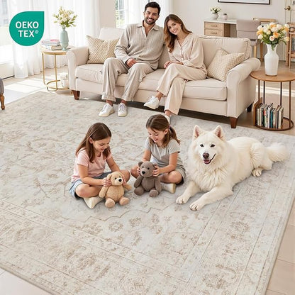 10x12 Area Rugs Living Room: Bedroom Washable Carpet Warm Beige | Vintage Boho - Image 7
