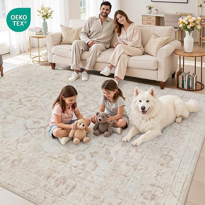 8x10 Area Rugs Living Room: Bedroom Washable Carpet Warm Beige | Vintage Boho - Image 7