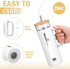 Kodrine Tumbler with Lid and Straw, 20 oz Glass Coffee Tumbler with Handle, Smoothie Cup with Bamboo Lid | Time Marker | Silicone Protective Sleeve, BPA Free - White