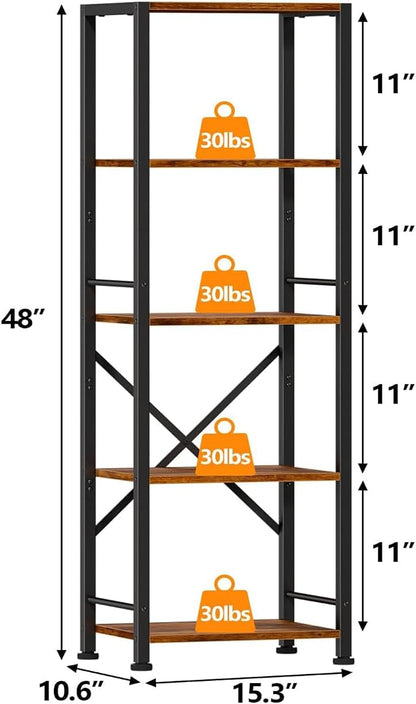 Furologee 5 Tier Tall Bookshelf, Rustic Narrow Bookcase, Display Standing Shelf - Image 3