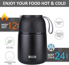 Insulated Thermo Food Jar for Hot & Cold Food for Kids Adult, 17&24 oz Soup Thermal Hot Food Containers for Lunch, Triple Layer Insulation Stainless Steel Food Jar with Spoon (2 Pack Black)