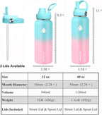 SENDESTAR Water Bottle 40oz Double Wall Vacuum Insulated Leak Proof Stainless Steel Sports Water Bottle—Wide Mouth with New Flex Straw Lid & Spout Lid (Bubble Gum)