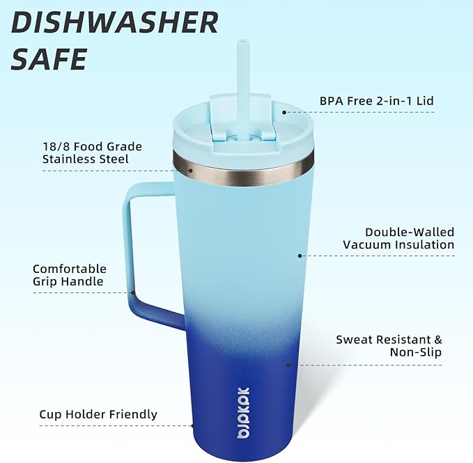 BJPKPK Insulated Tumbler with Handle, 26oz Insulated Tumblers with Lid and Straw, Stainless Steel Metal Water Bottles, Coffee Travel Mugs, Cups, Sky