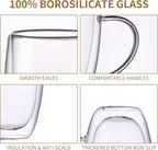 12OZ Double Wall Glass Cups With Handle, Large Glass Mugs Espresso Cups Set of 2, 330ML Clear Coffee Cup, Double Wall Insulated Mugs, Microwave Dishwasher Safe