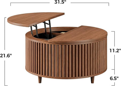Evermagin 31.5'' Round Coffee Table, Fluted Lift Top Oak Coffee Table - Image 2