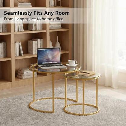 Round Nesting Coffee Table Set of 2, Modern Glass Nesting Tables, Stacking - Image 6