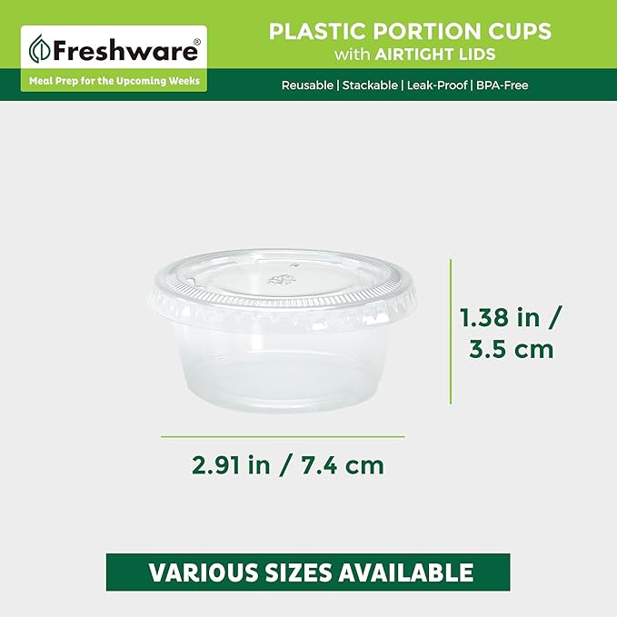 Freshware Plastic Portion Cups with Lids [3.25 Ounce, 200 Sets] Disposable Plastic Cups for Meal Prep, Salad Dressing, Jellos Shot Cups, Souffle Cups, Condiment and Dipping Sauce Cups