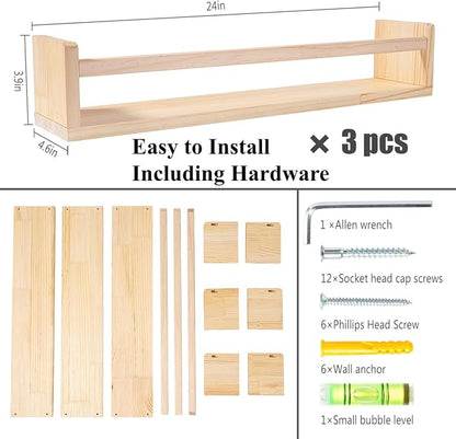 AZSKY 24 Inch Natural Pine Wood Floating Shelves, Nursery Book Shelves - Image 3