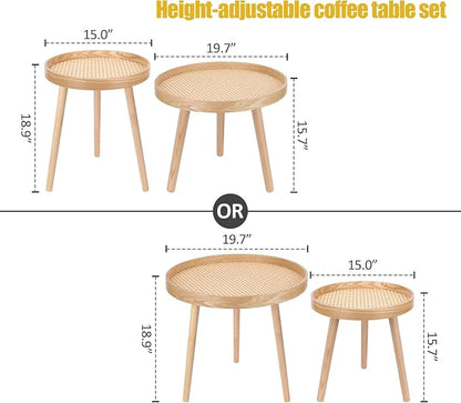 Round Coffee Table Set of 2, Natural Boho Coffee Tables, Small Mid Century - Image 3
