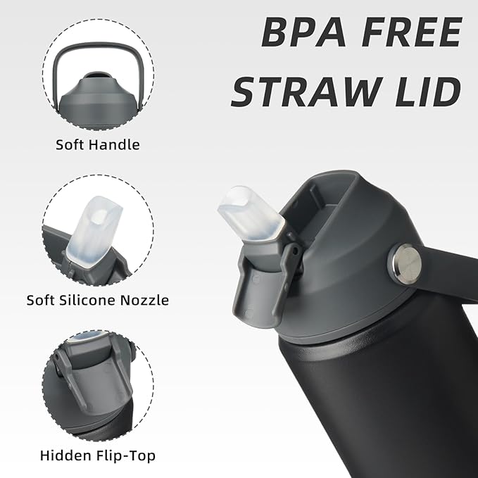 BJPKPK Insulated Water Bottle with Straw Lid, 18oz Thermos Water Bottles with Soft Nozzle, Flex Handle & Non-slip Boot, BPA Free Leak Proof Stainless Steel Metal Thermos, Tumblers, Cups,Black