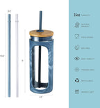 Kodrine 20oz Glass Tumbler with Straw and Lid, Iced Coffee Cups with Bamboo Lids, Glass Cups for Cold Drinks, Smoothie Cup with Silicone Sleeve for Travel, Work, BPA FREE-Blue