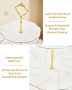 DUJUST Luxury Porcelain 3-Tier Cupcake Stand Tower, British Style Serving Tray with Golden Trim, Food Grade Dessert Display Stand, Beautiful Gift for Tea Party & Home Décor