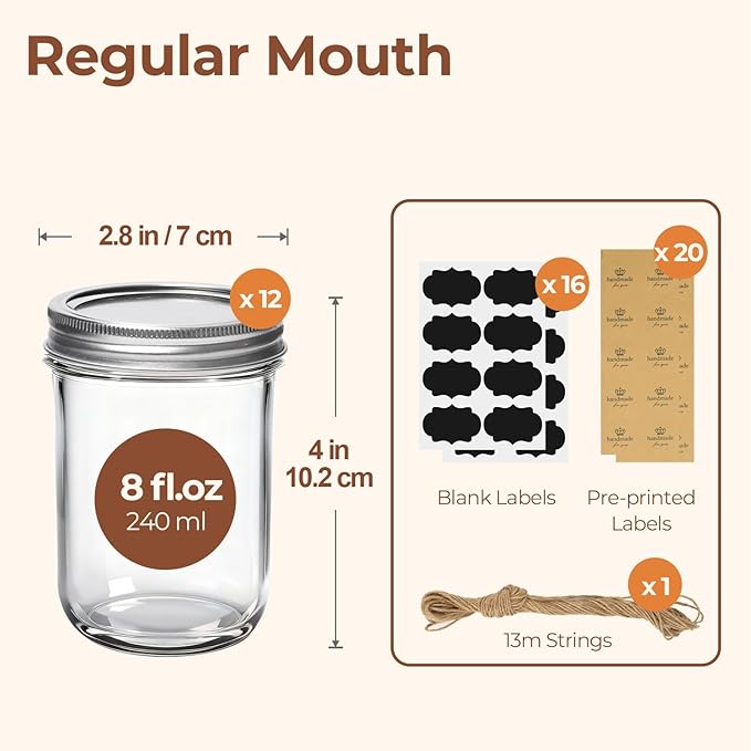 ComSaf Small Mason Jars 8 oz - 12 Pack, Regular Mouth Mason Jar with Lids and Seal Bands, Small Glass Canning Jar for Spice, Jam, Honey, Jelly, Dessert, Shower Wedding Favors, DIY Candles Decor
