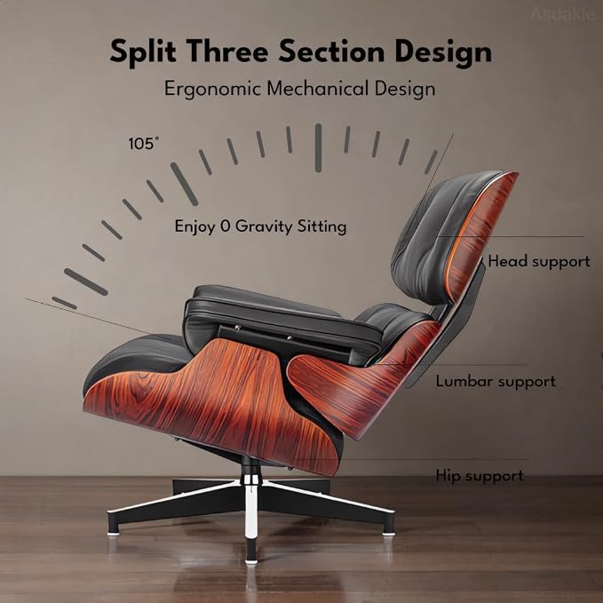 Top Black Grain Leather, Mid Century Chaise Lounge Chair and Ottoman, Modern - Image 6