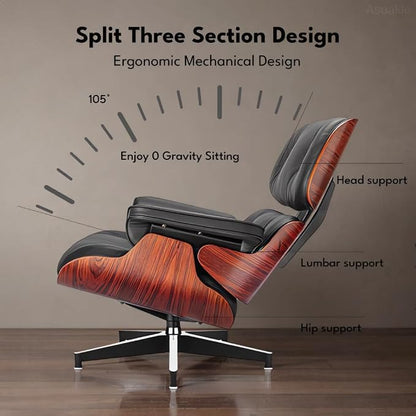 Top Black Grain Leather, Mid Century Chaise Lounge Chair and Ottoman, Modern - Image 7