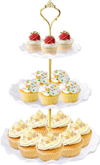 Hoedia 3 Tier Cupcake Stand Tower, Plastic White Cup Cake Holder for Dessert stands, Tiered Serving Tray for Tea Party, Birthday Party, Wedding Decor and Baby Shower(Round Wave)