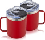 ALOUFEA 12oz Stainless Steel Insulated Coffee Mug with Handle, Double Wall Vacuum Tumbler Cup with Fliping Lid, Red, 2 Pack