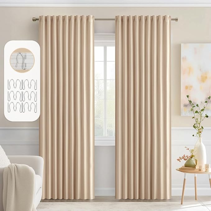 MIULEE Beige Back Tab Blackout Curtains 52x90 Inch Long 2 Panels Set | Rod by MIULEE