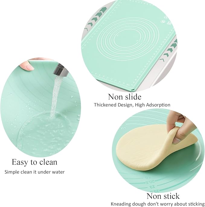 Silicone Pastry Mat 24"x16" Extra Thick Non Stick Baking Mat with Measurement, Food Grade Silicone Rolling Dough Mat, Fondant, Pie Crust Mat, Kitchen Mat with Hang Holes, Raised Edge