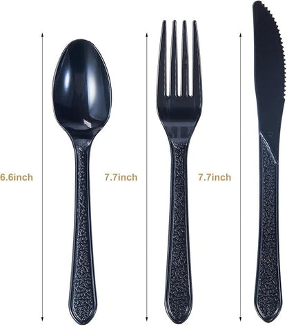 [300 Combo Box] Black Plastic Forks Spoons Knives Heavyweight Utensils Disposable Silverware Heavy Duty Cutlery Set