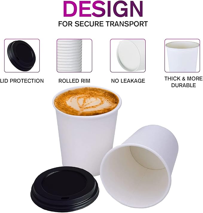 Smygoods White Disposable Paper Coffee Cups with Lids (16 OZ, 50 Count) For Hot Beverages, Tea, Espresso, Cocoa - To Go Drink Containers, Café & Office