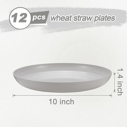 12 Pcs Unbreakable Deep Dinner Plates Set, 10 inch Reusable Plastic Wheat Straw Plates, Microwave and Dishwasher Safe Plate for Kitchen, Lightweight Plate for Dessert, BPA Free, White Gray