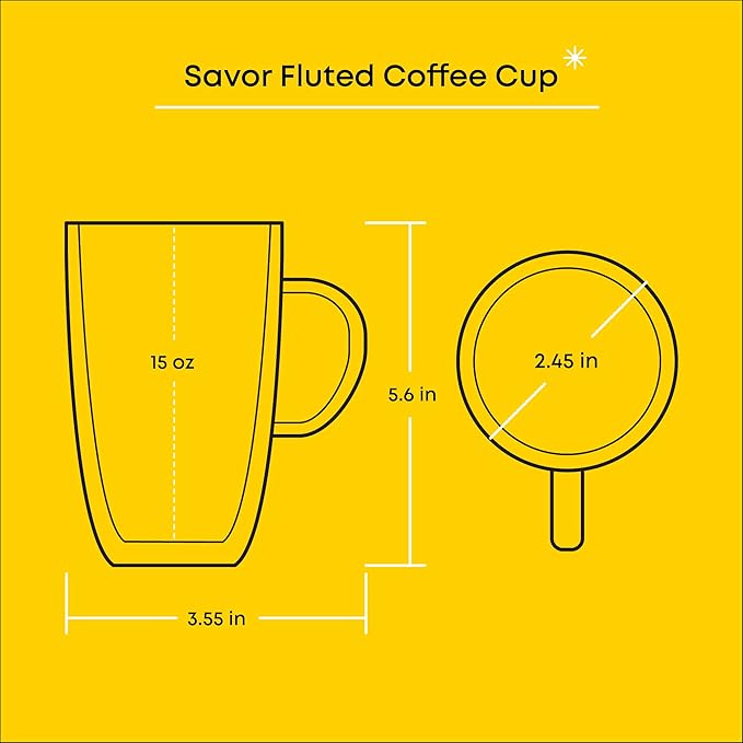 JoyJolt Fluted Glass Coffee Mugs - Double Insulated, 15oz Large Set of 2, Thermal Glass Coffee Mugs
