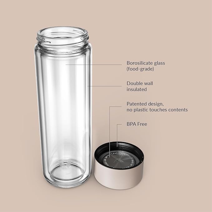 Glass Multi Tea Infuser Bottle 14oz - Double Wall Borosilicate Glass Flask | No Plastic Touches Contents | Perfect for Office or Home - Beige
