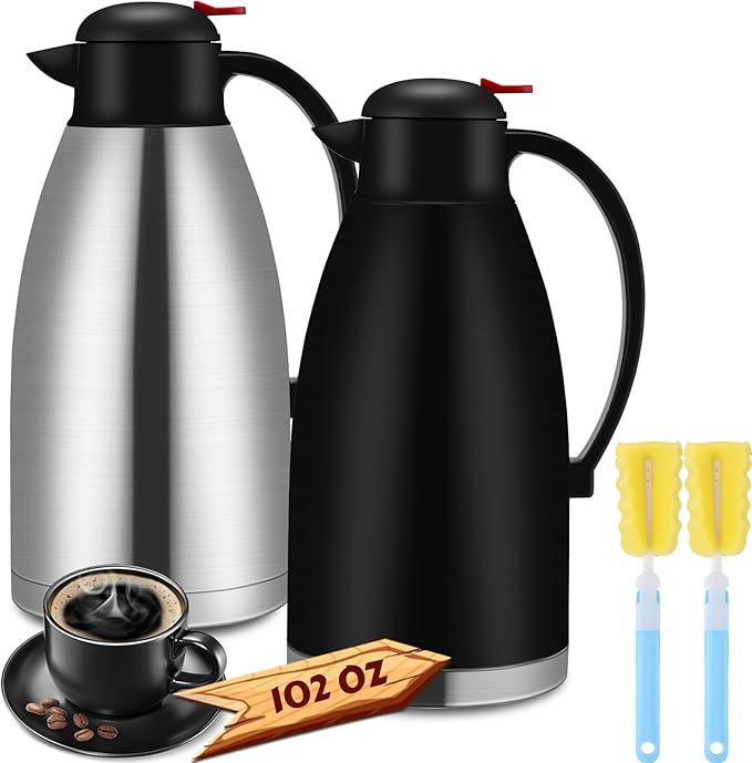 Nuogo 2 Pcs 102 oz Thermal Coffee Carafe Insulated Stainless Steel Carafe Double Walled Vacuum Coffee Thermal Pot with Brush for Home Office Use Keep 24 Hours Hot Water Tea(Silver, Black)