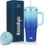 30 oz Tumbler with Handle and 2 Straws,2 in 1 Lid Insulated Water Bottle Stainless Steel Travel Coffee Mug,Sky