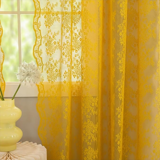 YJ YANJUN Vintage Lace Curtains 63 Inch Length-Victorian Floral Pattern Mustard by YJYANJUN