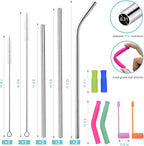 Reusable Stainless Steel Straws Set 6 PCS with 6 Silicone Tips, 2 Straw Brush, 1 Storage Case, Different Sizes of Metal Straws Reusable, Suitable for 14, 20, 30 oz Cups Tumbler，for Hot/Cold Drinks