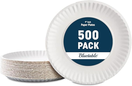 Bluetable 9 Inch Paper Plates Bulk – 500 Count - Uncoated White 9” Dinner Plate Pizza Plate Decorative Craft Paper Plates Disposable Plates [500 Pack/Case]