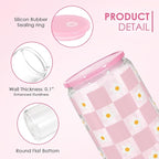 SANDJEST Checkerboard Daisies Glass Can, Floral Checker Cup with Lid & Straw, Iced Coffee Aesthetic Cups, Gift for Christmas Birthday Mother Day, Gifts for Women, 16oz