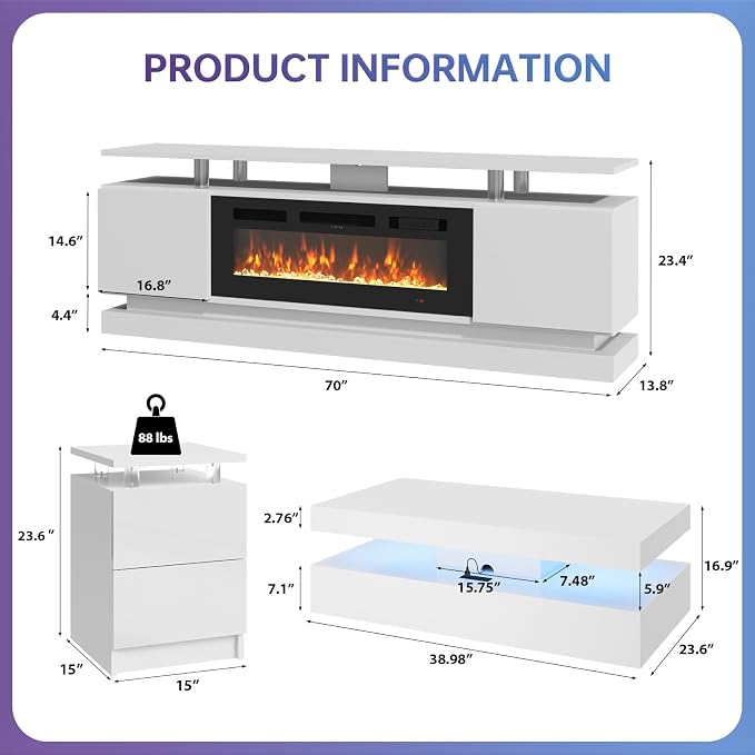 4-Piece Modern Living Room Table Set, Includes High Gloss 70" Fireplace TV Stand - Image 4